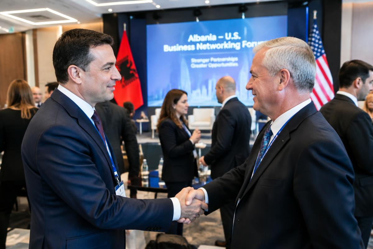 Illustration: two businessmen in suits shake hands at a networking forum, with an Albania–U.S. business forum screen and the Albanian and American flags behind them.