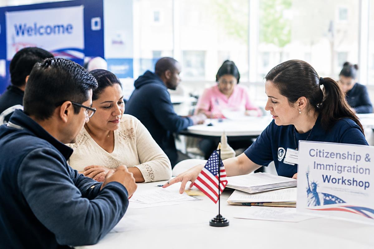 Illustration: a volunteer helps a man and a woman complete immigration forms at a citizenship workshop table with a small American flag.