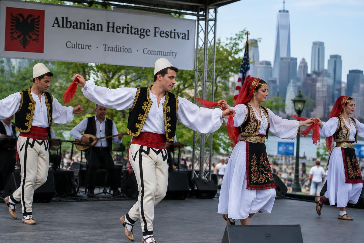 Illustration: dancers in traditional Albanian costumes hold hands and wave red handkerchiefs on an outdoor festival stage, with an American flag and a city skyline behind them.