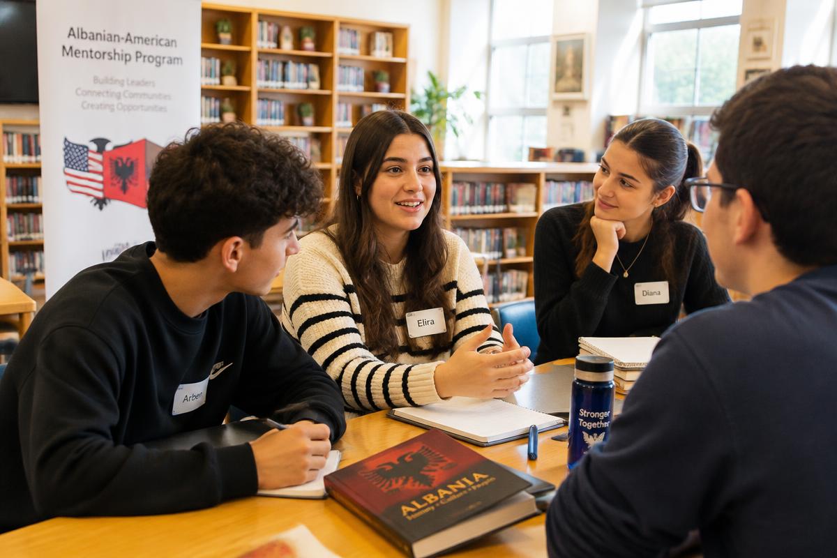 Illustration: four young people wearing name tags sit around a library table with notebooks, beside an Albanian-American mentorship programme banner.